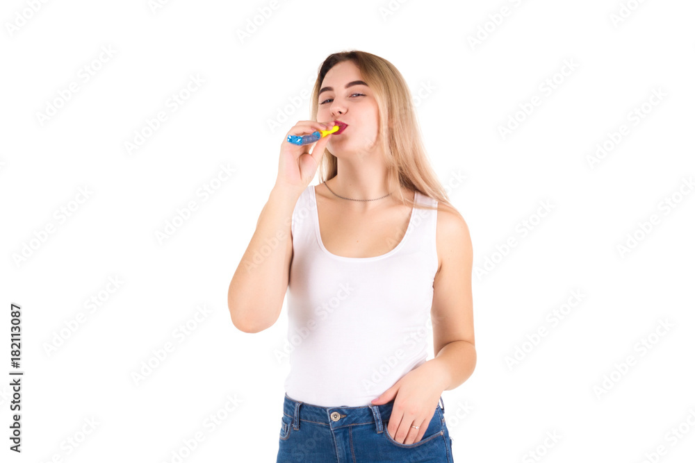Young pretty woman with whistle, party Young pretty woman with whistle, party