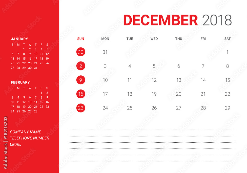 December 2018 desk calendar vector illustration