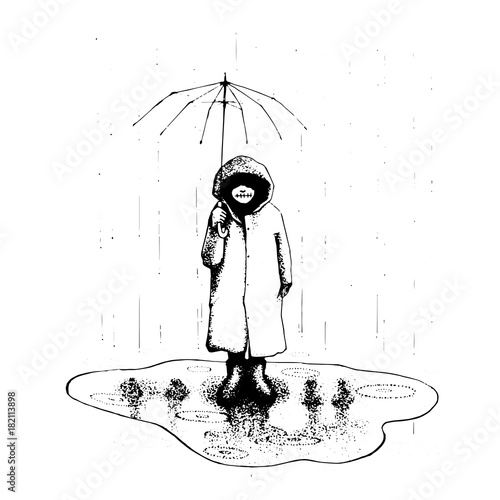 girl stand alone in the rain with umbrella. vector illustration hand drawing. line art and symbolic. family mistake. tattoo design. ink work.