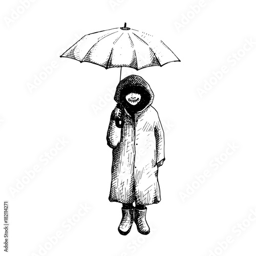 girl stand alone in the rain with umbrella. vector illustration hand drawing. line art and symbolic. family mistake. tattoo design. ink work.