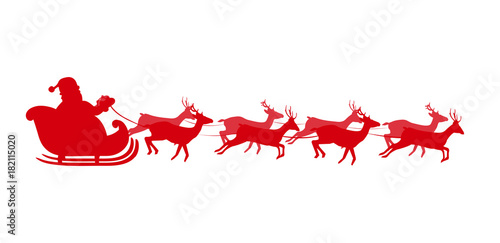 Vector illustration of Santa flying in a sleigh with reindeer. Red silhouette of Santa in sleigh Isolated on white background. Design for Christmas and New Year greeting cards.