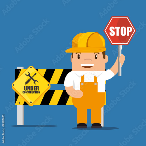construction worker cartoon holding a construction sign vector illustration graphic design