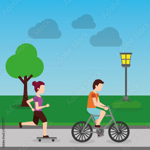 woman in skateboard and man riding bicycle in the park with lamp tree landscape   vector illustration