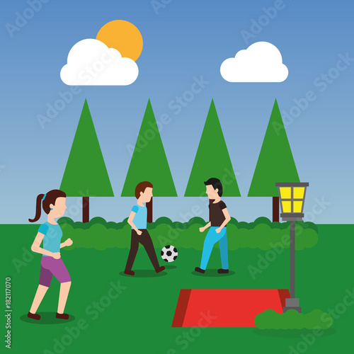 people at park having fun playing and making sport with ball landscape vector illustration