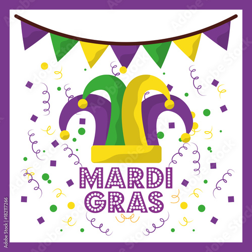 mardi gras jester hat confetti and bunting decoration vector illustration