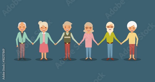 group elderly people holding hands smiling people cartoon vector illustration