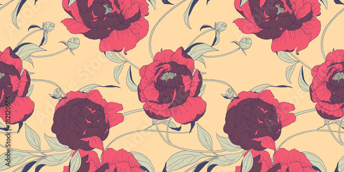 Seamless pattern, hand drawn red Peony flowers on orange background