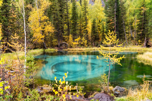 Blue Geyser Lake in the Mountains of Altai