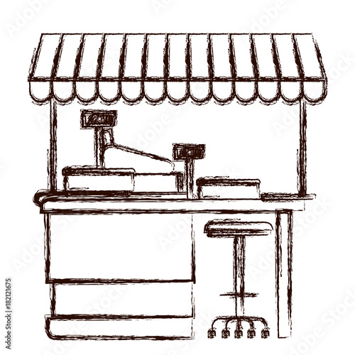 supermarket shelf with weighing machine and cash register point with sunshade in brown blurred silhouette vector illustration
