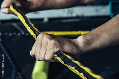 Sport man hands on boxing rope, diet with boxing, cardio exercise