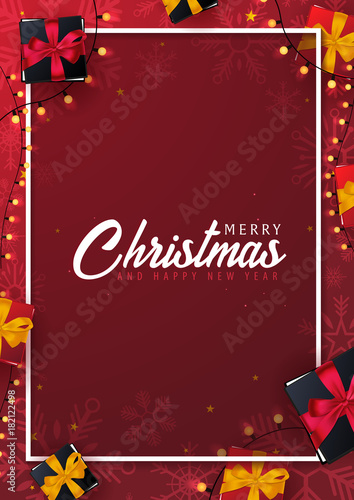 Marry Christmas and Happy New Year poster on red background. Vector illustration.