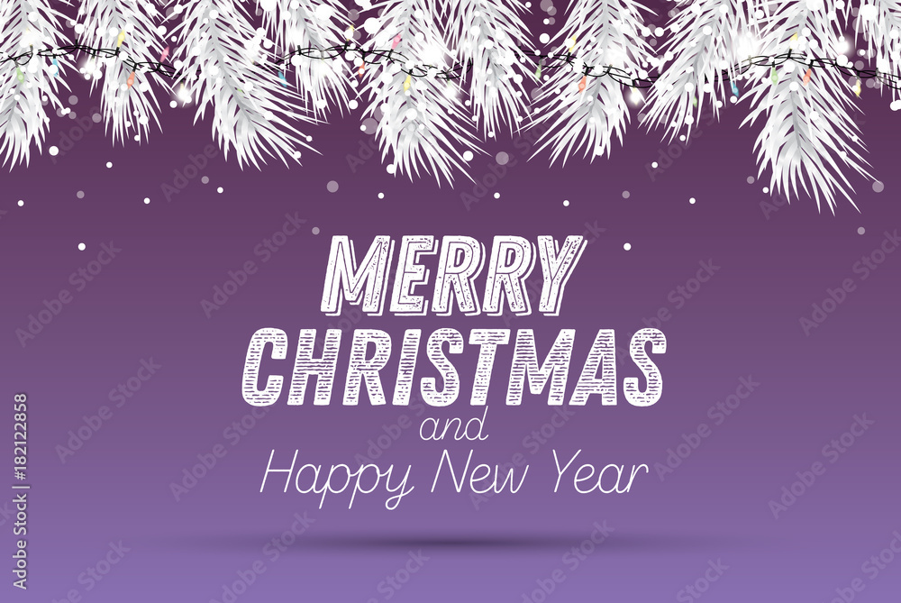 Silver Fir Branch with Neon Lights on Purple Background. Silver Fir Branch with Neon Lights on Purple Background.