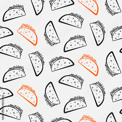 Nice seamless pattern with cute cartoon black and red mexican taco. Cute contrast tacos texture for fast food textile, wrapping paper, package, restaurant or cafe menu banners