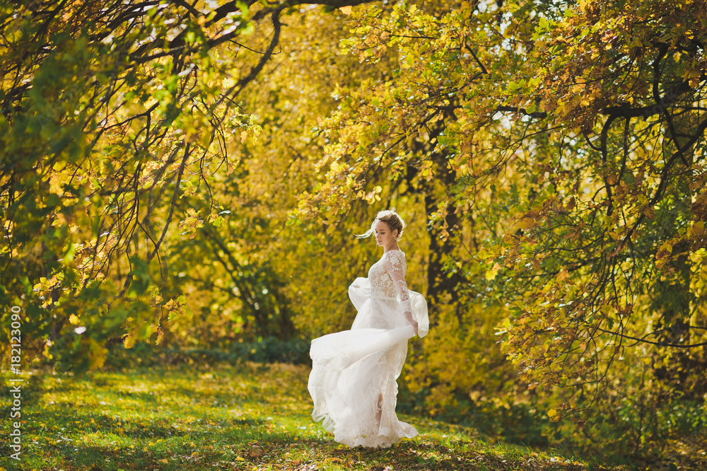 Portrait of a bride in a white dress swirling in the meadow autumn forest