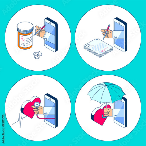 Doctor's hand from smartphone screen is checking heart pulse, protecting a patient's heart, signing rx prescription to the patient. Outline illustration set. Telemedicine and telehealth line concept.