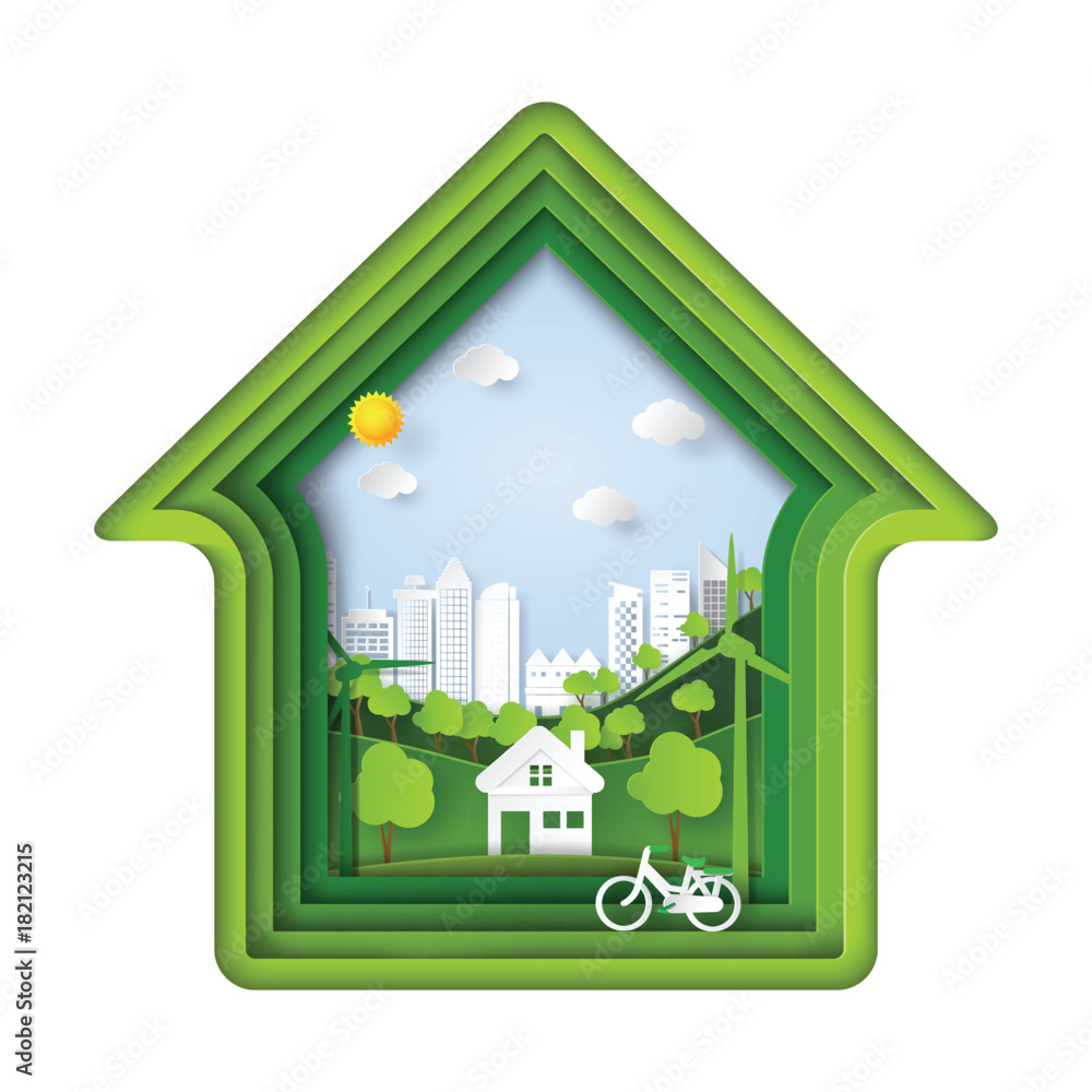Green living house with eco city abstract paper art background.Ecology and environment conservation with nature concept.Vector illustration. Green living house with eco city abstract paper art background.Ecology and environment conservation with nature concept.Vector illustration.
