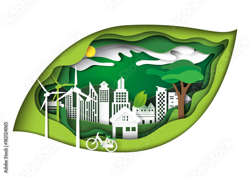 Eco green city concept in green leaf shape paper carve background.Nature landscape and environment conservation paper art style design template.Vector illustration.