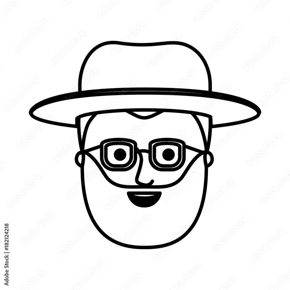 male face with glasses short hair and hat and beard in monochrome silhouette vector illustration