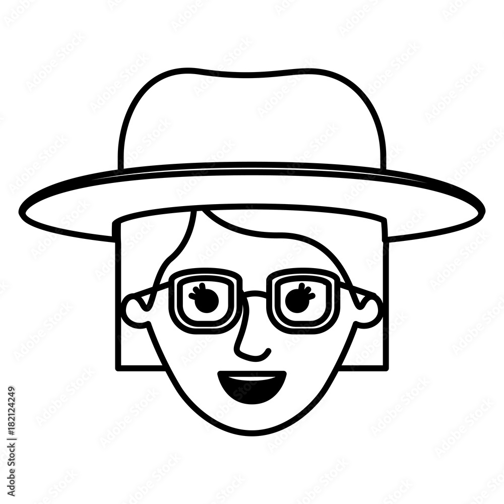 female face with glasses and hat and short straight hair in monochrome silhouette vector illustration