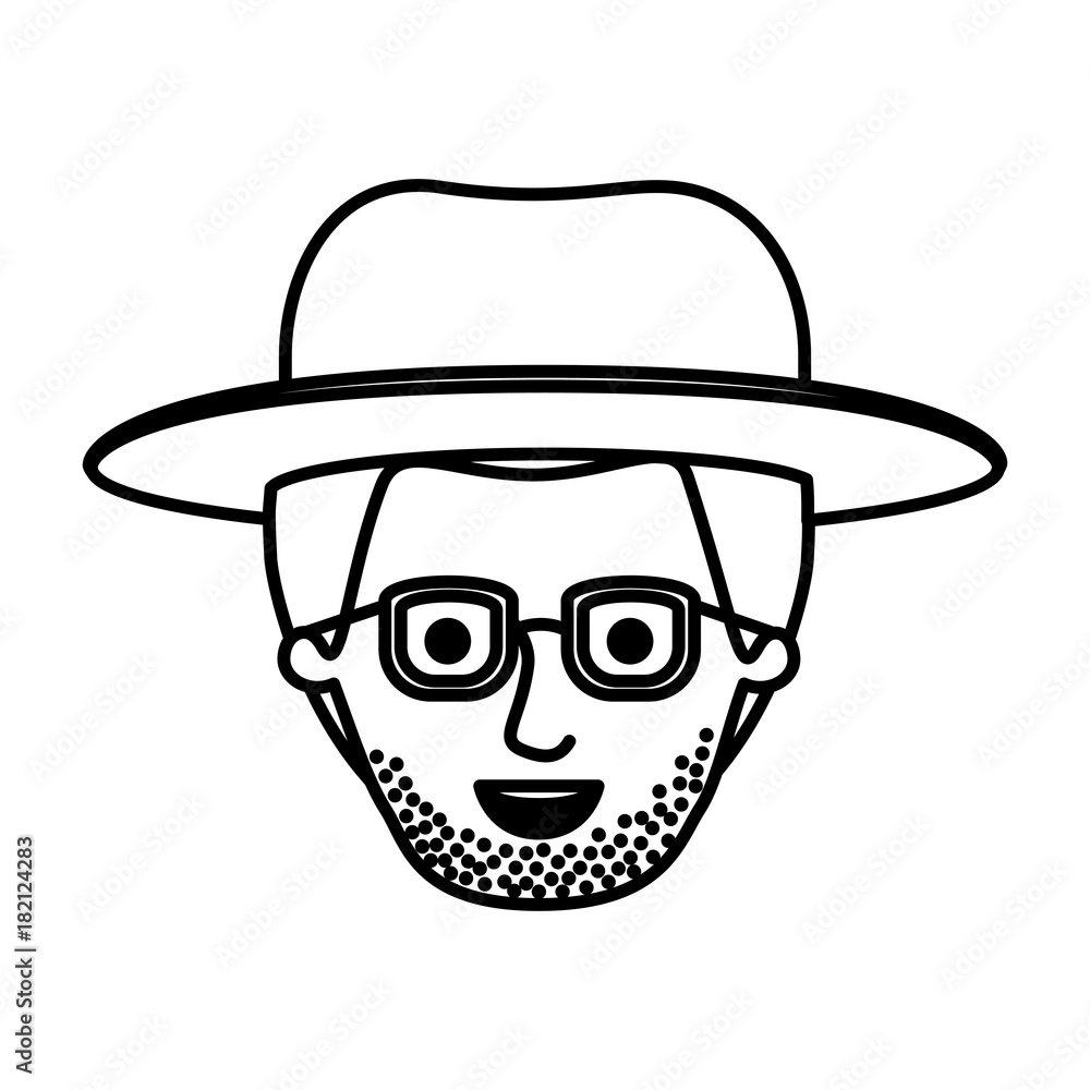 male face with glasses short hair and hat and beard style stubble in monochrome silhouette vector illustration