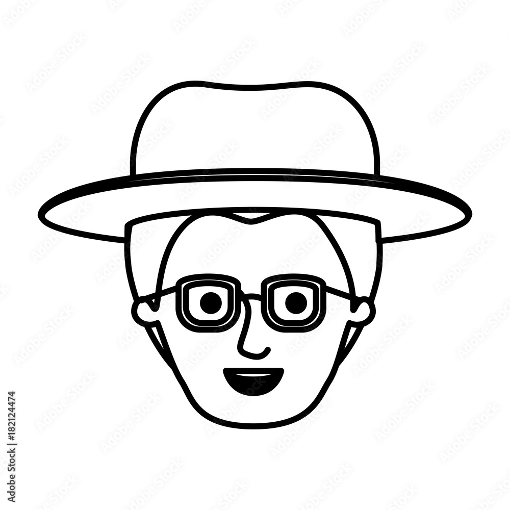 male face with glasses and short hairstyle and hat in monochrome silhouette vector illustration