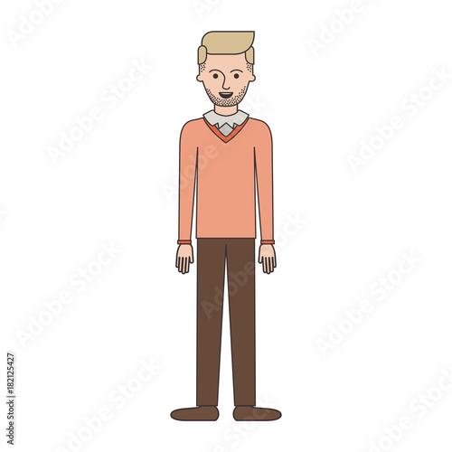 man full body with stubble beard and sweater and pants and shoes with side parted hairstyle in colorful silhouette vector illustration