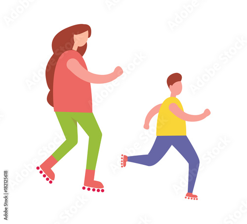 Mother and Son Rollerblading Isolated Illustration