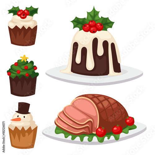 Christmas food and desserts holiday decoration xmas sweet celebration vector traditional festive winter cake homemade dish.