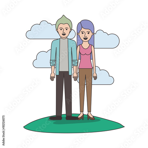 couple colorful scene outdoor and him with shirt and jacket and pants and shoes with short hair and her with t-shirt sleeveless and pants and heel shoes with long straight hair vector illustration