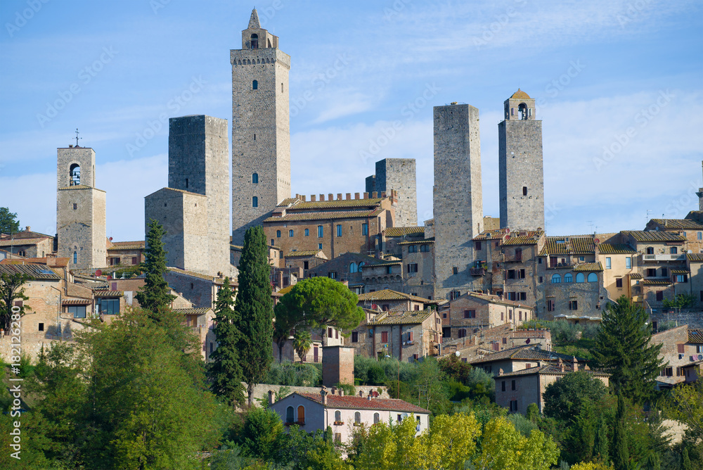 Medieval towers of San Gimignano close-up on a sunny September morning. Italy