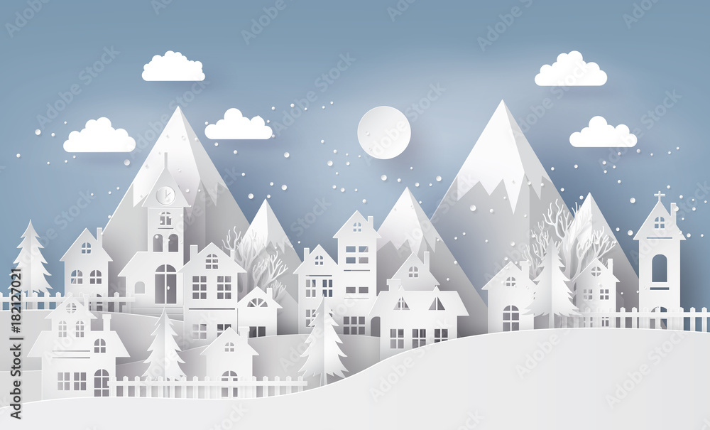 Illustration of cityscape with  Urban Countryside with full moon and snow, Merry Christmas and winter season , paper art and craft style. - obrazy, fototapety, plakaty 
