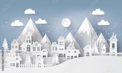 Illustration of cityscape with  Urban Countryside with full moon and snow, Merry Christmas and winter season , paper art and craft style.