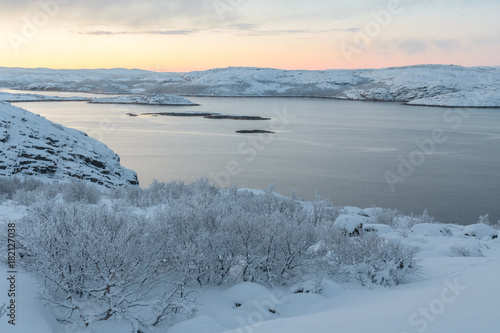 Trees covered with frost,the hills in the snow and the bay.