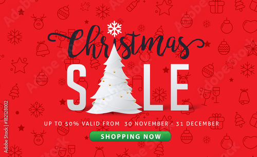 Merry Christmas and Happy New Year sale banner background with paper art and craft style.Vector illustration template.greeting cards.