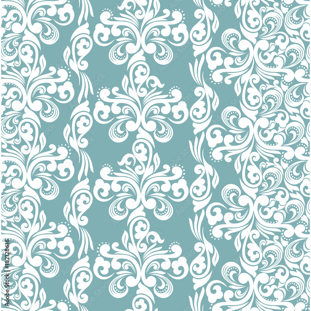 Seamless turquoise background with white pattern in baroque style. Vector retro illustration. Ideal for printing on fabric or paper.