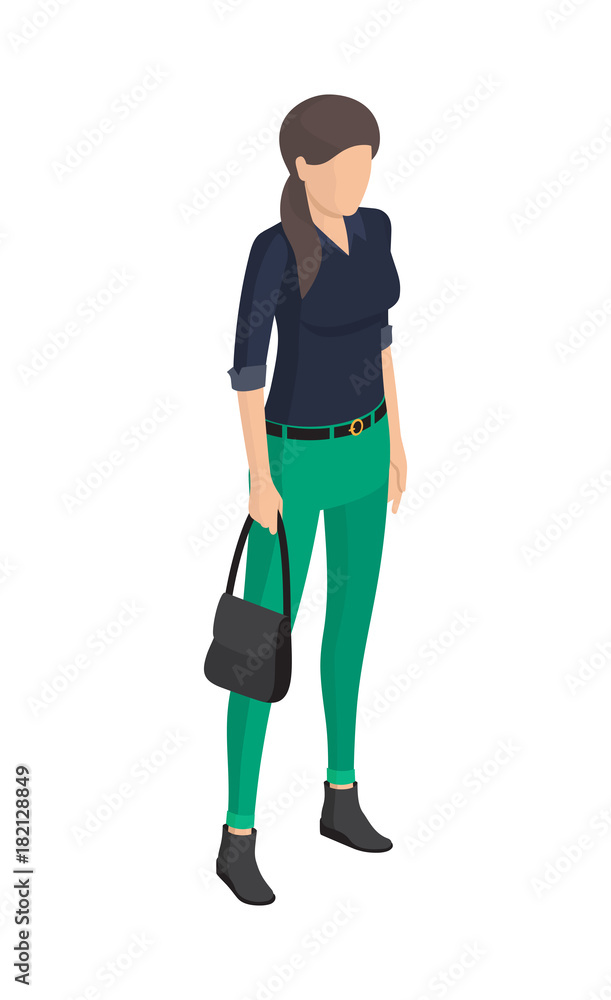 Woman in Green Trousers, Black Blouse, Belt Sack Woman in Green Trousers, Black Blouse, Belt Sack
