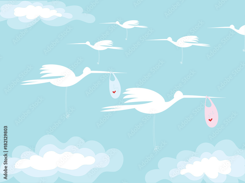 on the postcard the silhouette of the stork carries a child in its beak. on the bag with the child painted a heart. sky and clouds. some of stork back without baby. on the postcard the silhouette of the stork carries a child in its beak. on the bag with the child painted a heart. sky and clouds. some of stork back without baby.