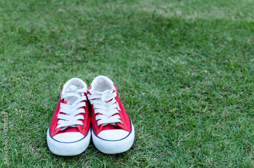 Red shoes placed on the grass.