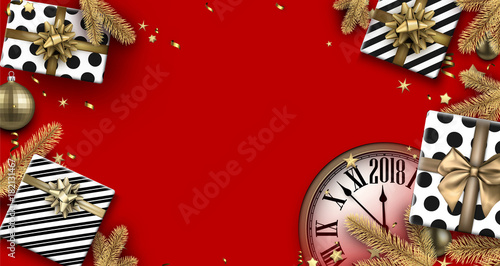 Red 2018 background with gifts and clock.