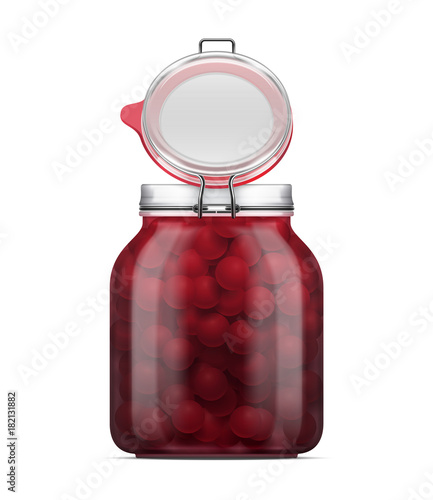 Vector open labeled Swing Top Bale Glass Jar filled with cherry in syrup.