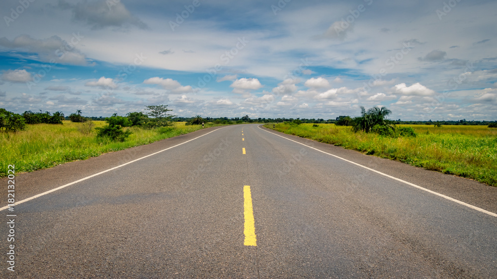 Empty endless highway through the Uganda landscape with copy space. This is the road between Mbale and Soroti and has been build by the Chinese.