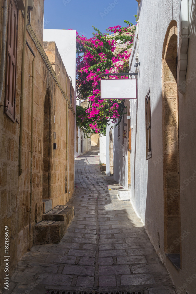 Obraz premium Street of LINDOS, RHODES ISLAND, GREECE On the way to Acropolis in Lindos.