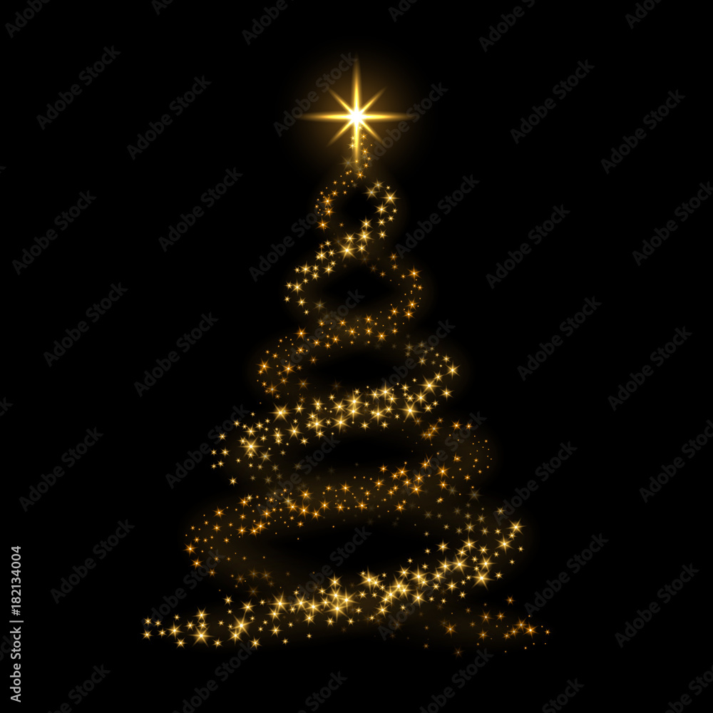 Christmas tree card background. Gold Christmas tree as symbol of Happy New Year, Merry Christmas holiday celebration. Golden light decoration. Bright shiny design Vector illustration Christmas tree card background. Gold Christmas tree as symbol of Happy New Year, Merry Christmas holiday celebration. Golden light decoration. Bright shiny design Vector illustration