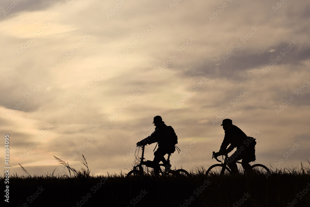 Obraz premium 土手を走る自転車