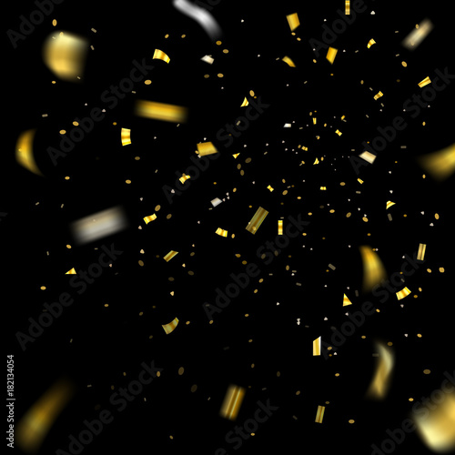 Gold confetti explosion celebration isolated on black background. Falling golden abstract decoration party, birthday celebrate or Christmas, New Year Festival decor Vector illustration © alona_s