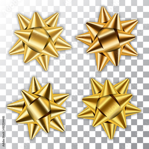 Gold bow ribbons set. Decor elements package. Shiny golden decorations gift, holiday design, isolated white transparent background. Symbol Christmas, New Year, birthday Vector illustration