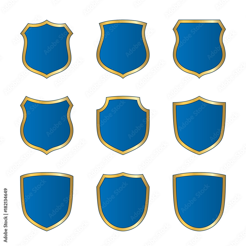 Gold-blue shield shape icons set. Bright logo emblem sign isolated on white background. Empty shape shield. Symbol of security, protection, defense. Shiny element design Vector illustration Gold-blue shield shape icons set. Bright logo emblem sign isolated on white background. Empty shape shield. Symbol of security, protection, defense. Shiny element design Vector illustration