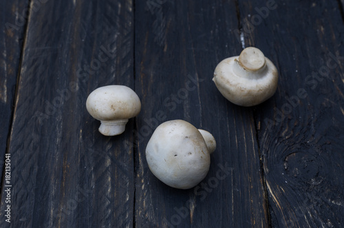 White champignons on a dark wooden background.