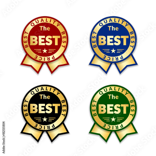 Ribbons award best price label set. Gold ribbon award icon isolated white background. Best quality golden label for badge, medal, best choice, price, certificate guarantee product Vector illustration