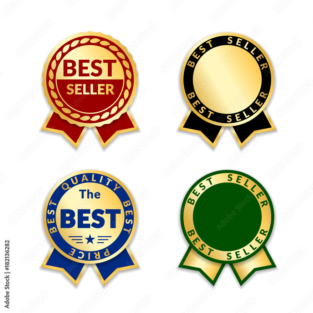 Ribbons award best seller set. Gold ribbon award icon isolated white background. Bestseller golden tag sale label, badge, medal, guarantee quality product, business certificate Vector illustration
